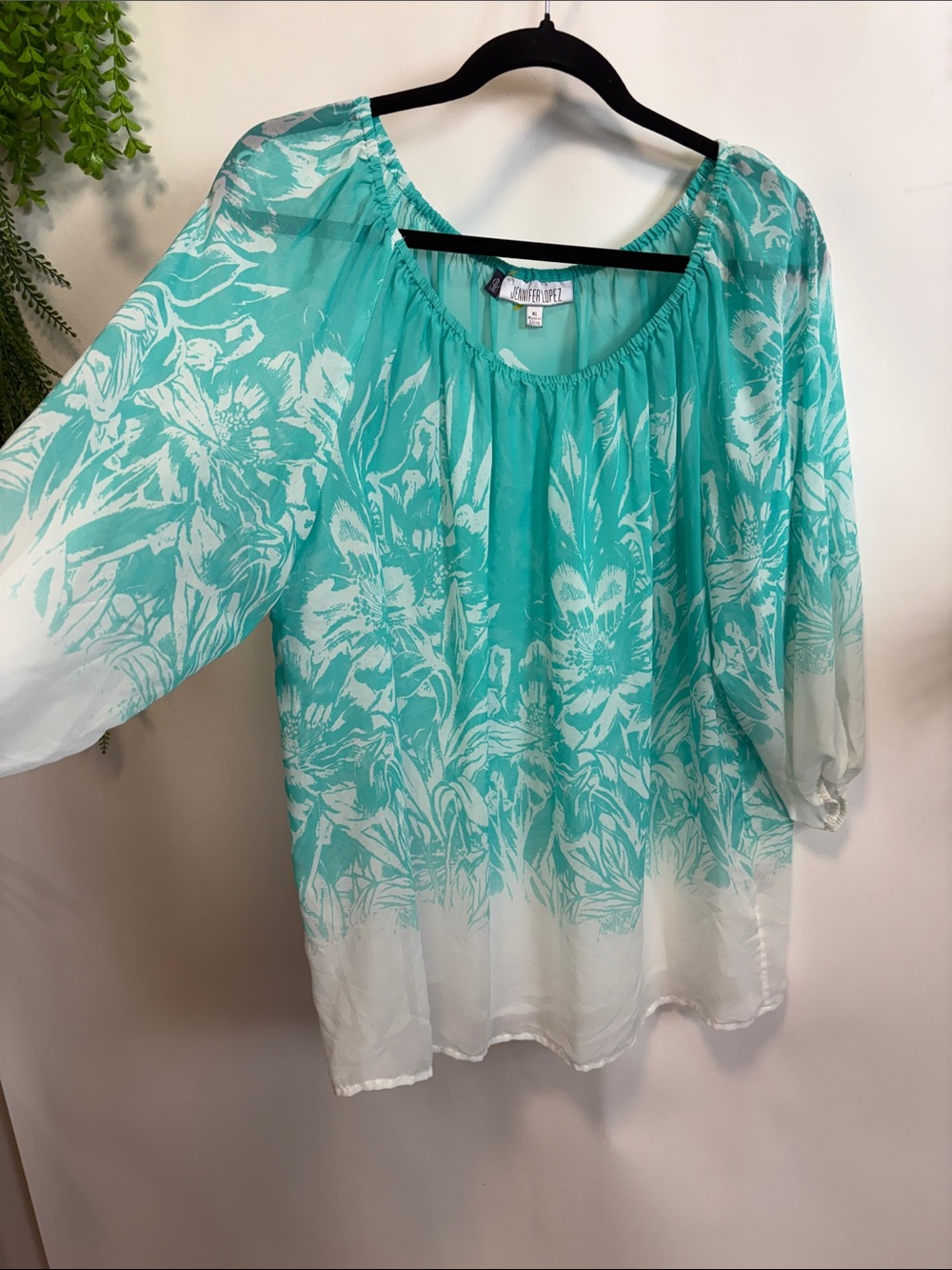 Jennifer Lopez Teal and White Floral Peasant Blouse